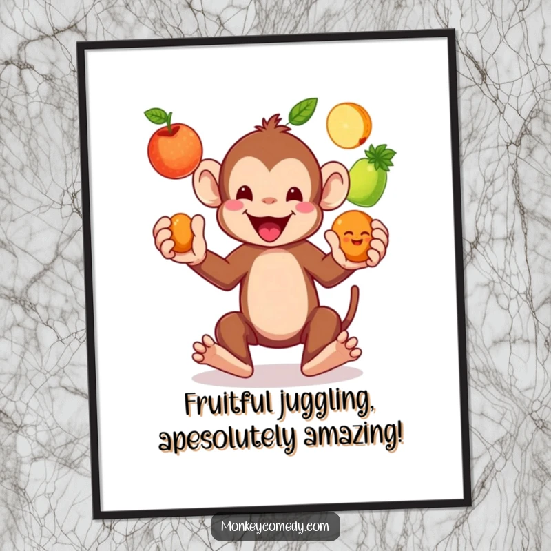 Funny Free Printable Wall Art: A dynamic monkey artistically juggles three colorful fruits, showcasing impressive paw dexterity and joy.