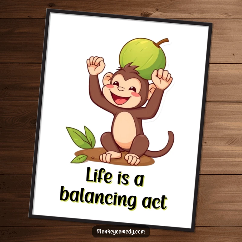 Funny Free Printable Wall Art: A monkey with a wide, happy grin precariously balancing a coconut on its head, creating fun decor.