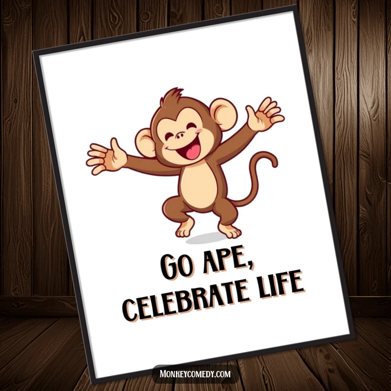 Funny Free Printable Wall Art: A monkey captured mid-dance with arms flailing wildly, showcasing pure, uninhibited, humorous joy.