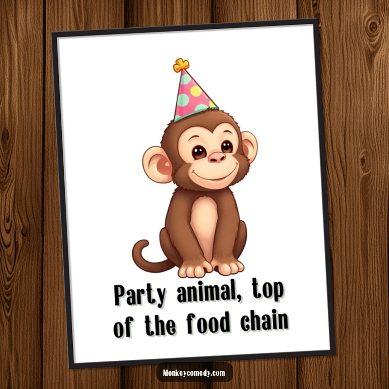Funny free printable wall art of a monkey wearing a tiny party hat, looking ready to celebrate with infectious primate energy.