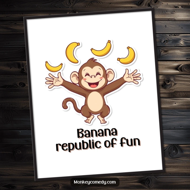 Funny Free Printable Wall Art: A playful monkey masterfully juggling multiple bananas with its arms spread wide.