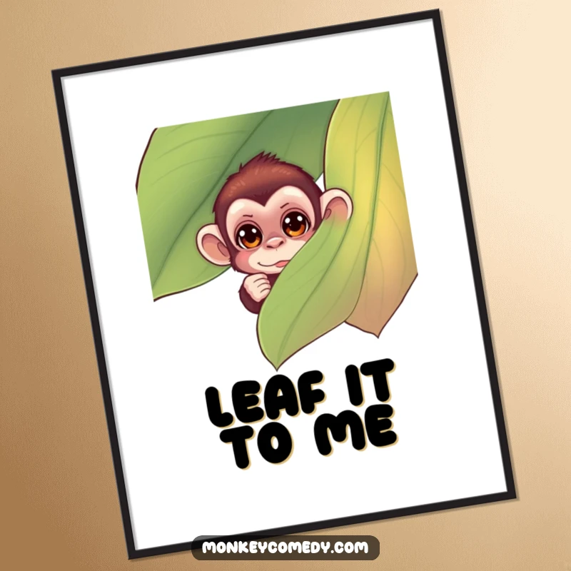Funny Free Printable Wall Art: A small, curious monkey peeking out from behind a large, vibrant, and colorful leaf.