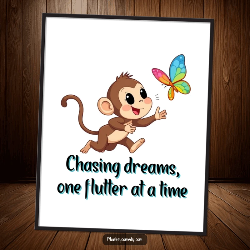 Funny Free Printable Wall Art: An energetic monkey caught mid-chase, excitedly pursuing a vibrant, fluttering butterfly, pure joy.