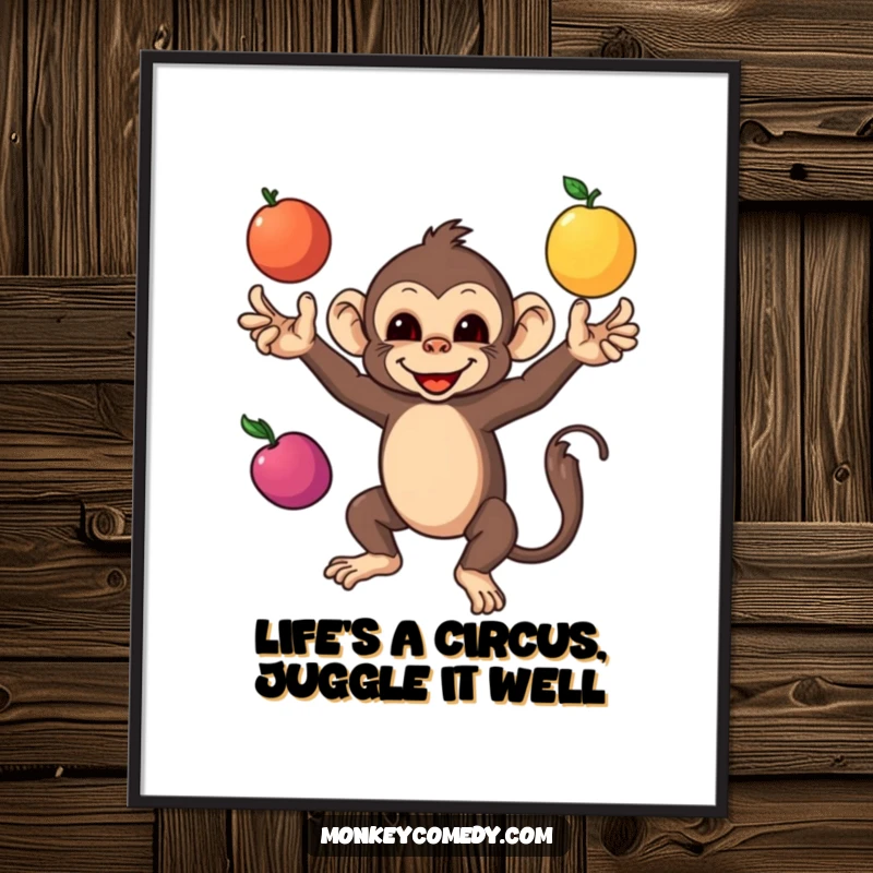 Funny free printable wall art of a monkey masterfully juggling three colorful fruits, showcasing impressive dexterity and playful spirit.
