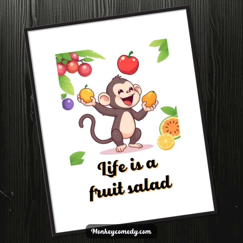 Funny Free Printable Wall Art: A monkey skillfully juggling three colorful fruits, bringing energetic fun. Downloadable art, print at home.