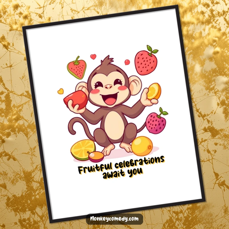 Funny Free Printable Wall Art: A kawaii monkey with a happy expression, playfully juggling several colorful fruits with impressive skill.