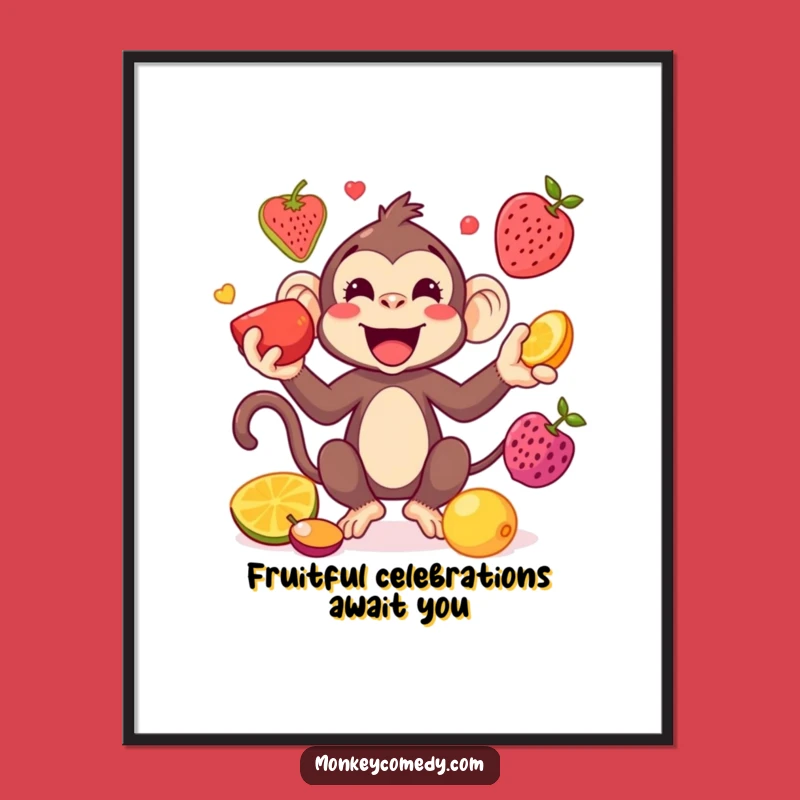 Funny Free Printable Wall Art: Kawaii Monkey Juggling Fruits Playful Downloadable Art