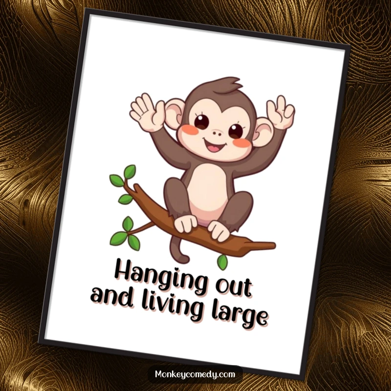Funny Free Printable Wall Art: A monkey perched on a branch, waving playfully with a friendly gesture. Downloadable art, print at home.
