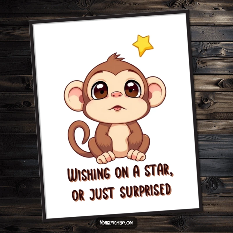 Funny Free Printable Wall Art: A monkey’s wide, surprised eyes gaze upwards at a brilliant star descending through the night sky.