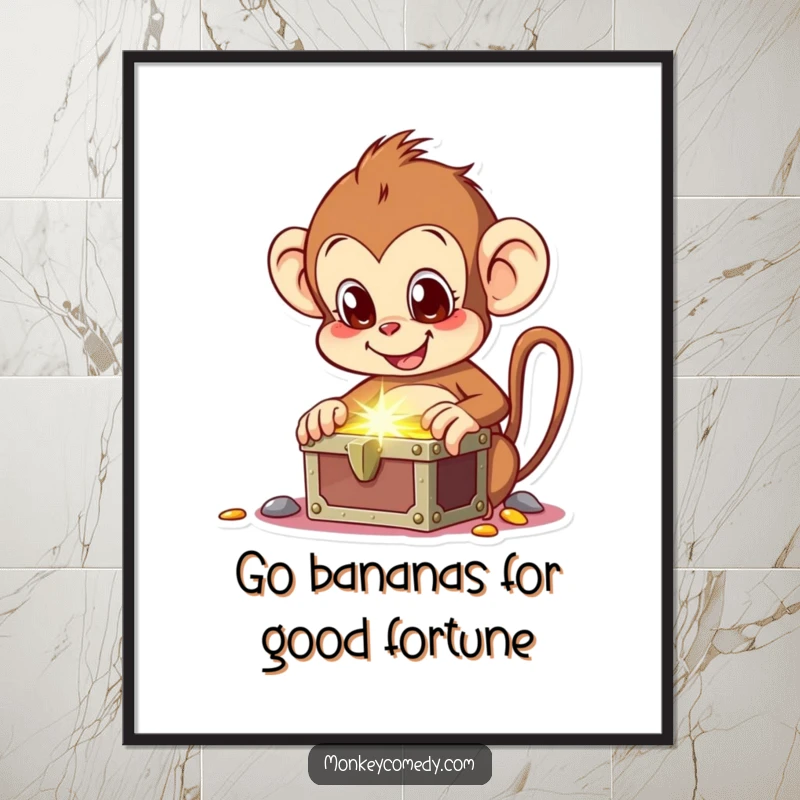 Funny free printable wall art: a wide-eyed monkey staring intently at a discovered treasure chest gleaming with gold.