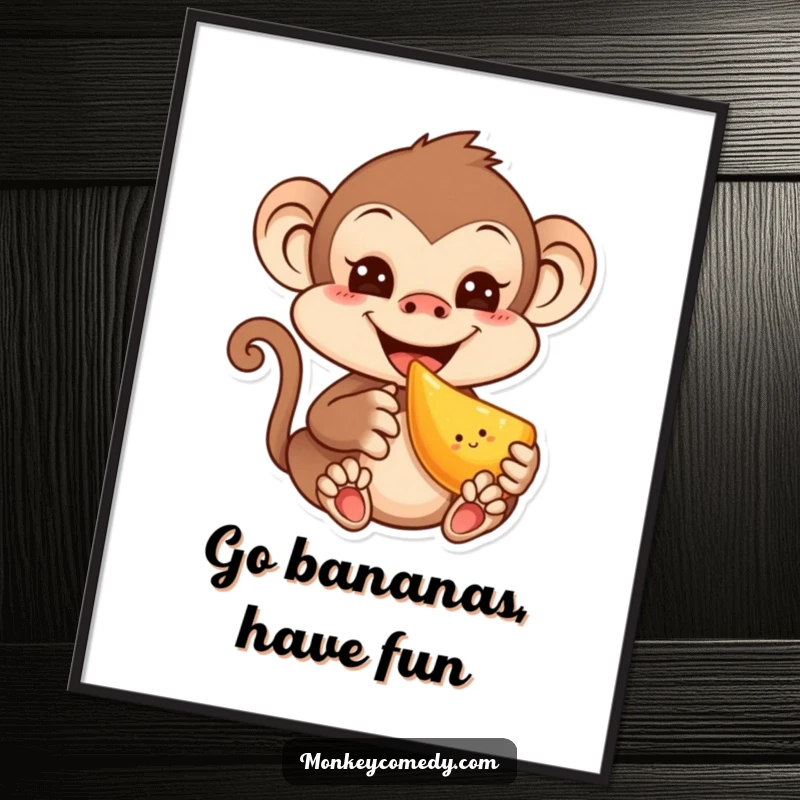 Funny free printable wall art: A super cute kawaii monkey with a mischievous smile is enthusiastically eating a brightly colored piece of fruit.