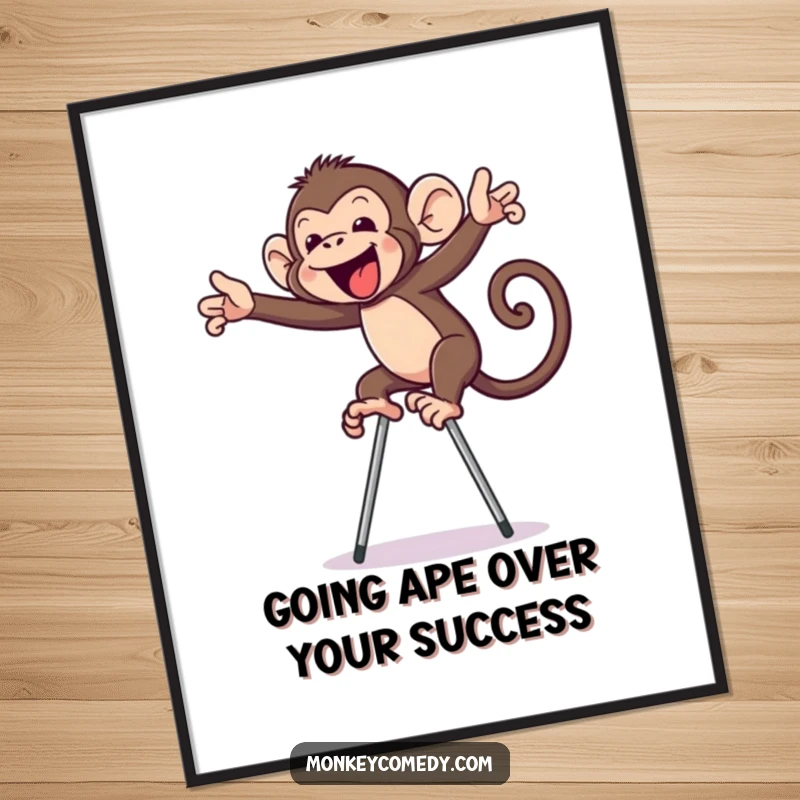 Funny Free Printable Wall Art depicting a monkey hilariously trying to balance on stilts, adding comedic value to any room.