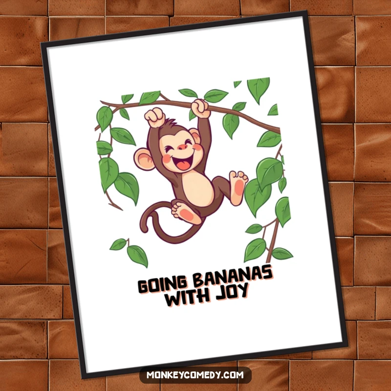 Funny free printable wall art of an energetic monkey swinging from a vine, adding a playful, adventurous feel to decor.