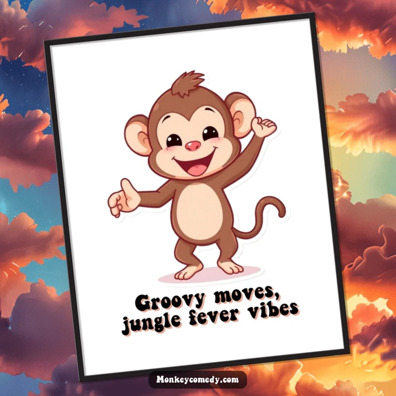 Funny Free Printable Wall Art: A cheerful monkey with a huge smile is caught in the middle of a happy, energetic dance.