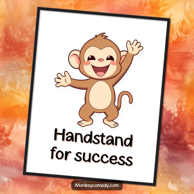 Funny Free Printable Wall Art: An energetic Kawaii monkey captured mid-handstand, radiating happiness and playful spirit in a humorous pose.