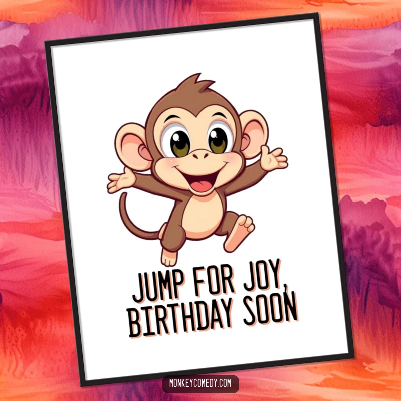 Funny Free Printable Wall Art: A kawaii monkey with huge, excited eyes, caught mid-leap with dynamic energy and a happy expression.
