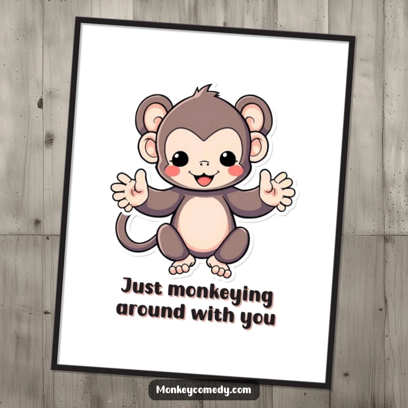 Funny Free Printable Wall Art: A charming Kawaii monkey with arms spread wide, looking ready to give the biggest, funniest hug ever.