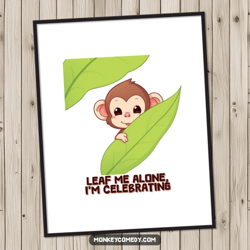 Funny Free Printable Wall Art: Cute Kawaii monkey with curious eyes peeking from behind a large tropical leaf.
