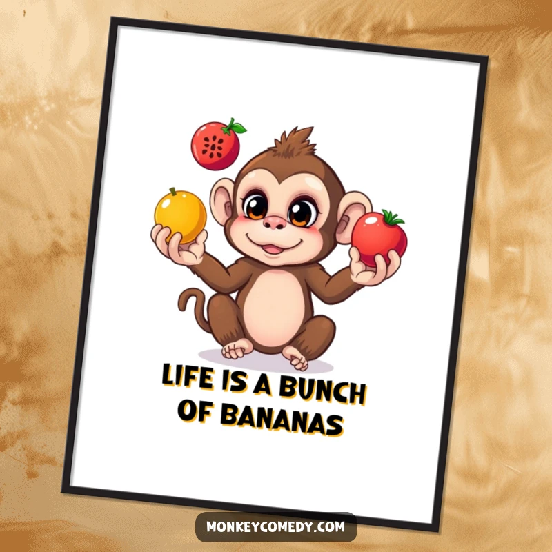 Funny Free Printable Wall Art depicting a curious monkey skillfully juggling three brightly colored fruits.