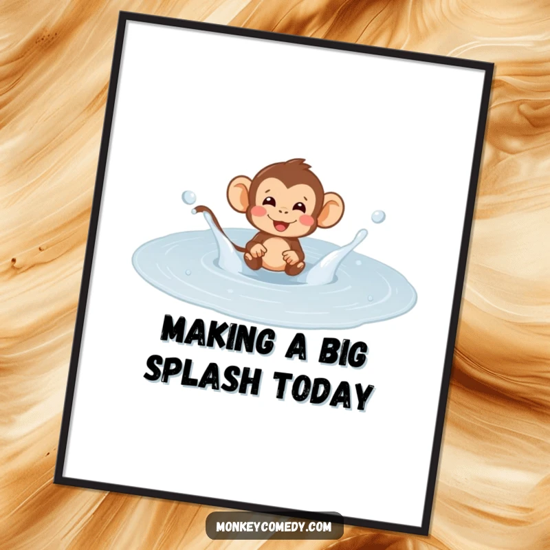 Funny Free Printable Wall Art showing a monkey energetically splashing in a giant puddle, adding a touch of playful chaos to decor.