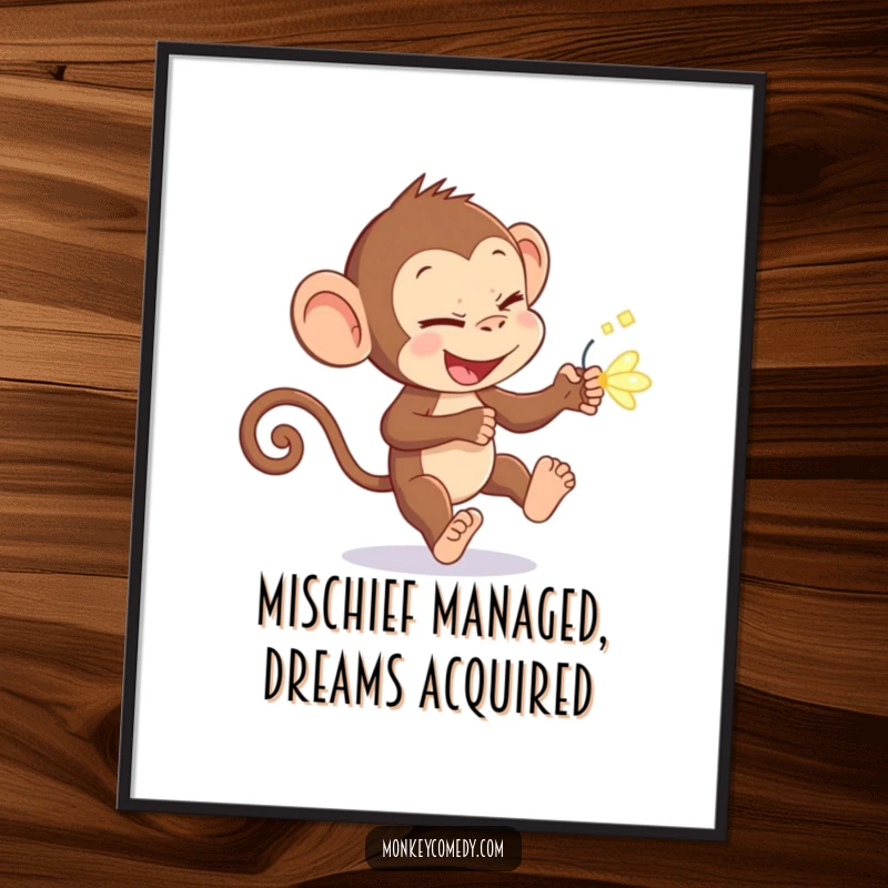Funny Free Printable Wall Art: A mischievous monkey leaps after a glowing firefly. Humorous, downloadable art for enchanted spaces.