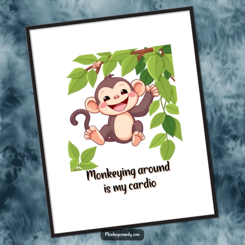 Funny Free Printable Wall Art: a happy kawaii monkey with a wide grin, swinging dynamically on a vine.