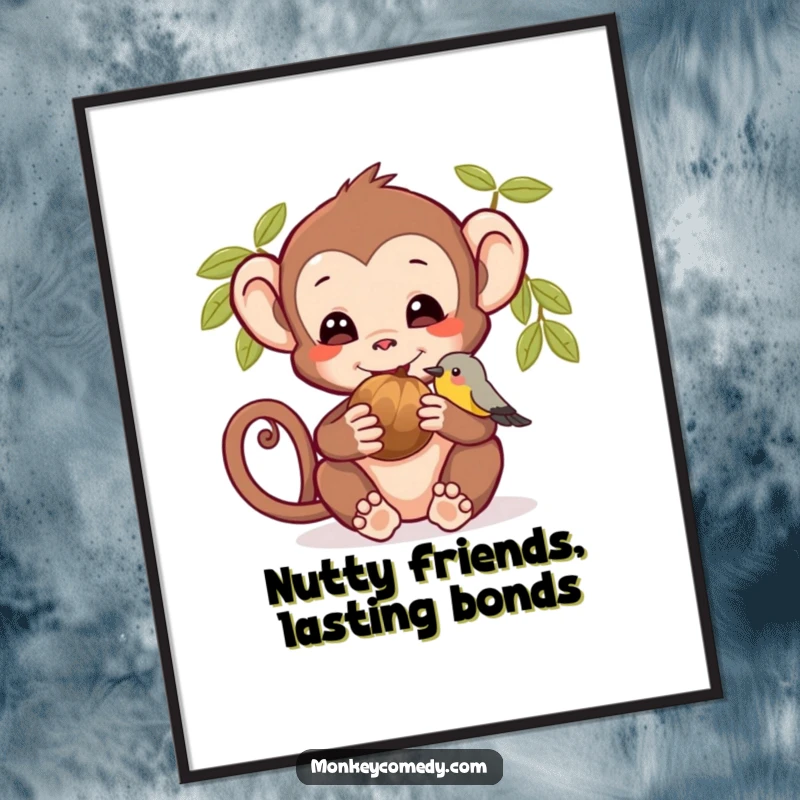 Funny Free Printable Wall Art: A monkey happily sharing a nut with its tiny bird friend in a cute illustration.