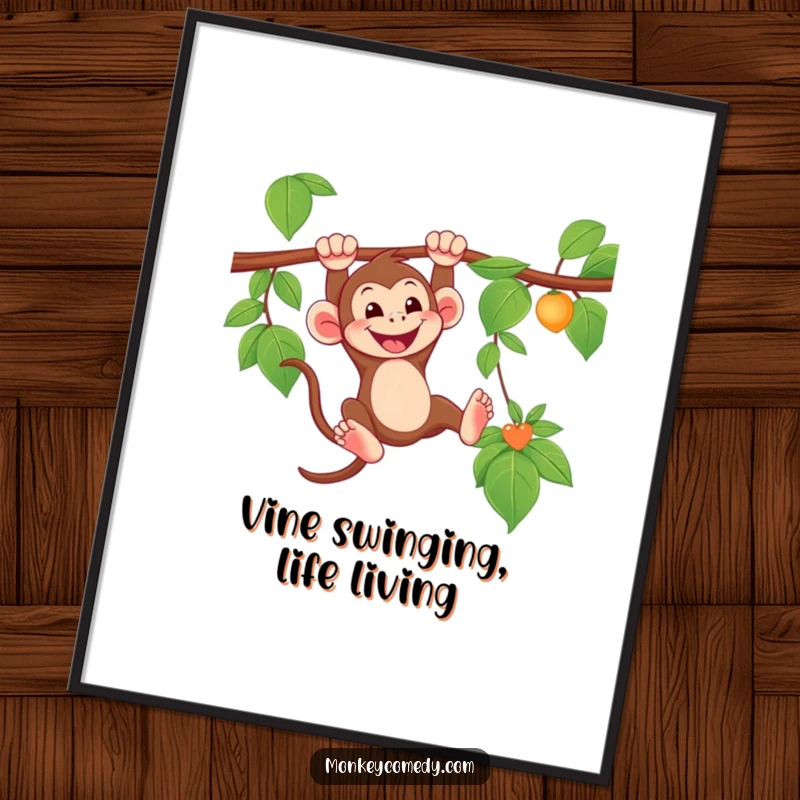 Free Printable Wall Art: A happy monkey with a wide grin swings dynamically from a strong vine.
