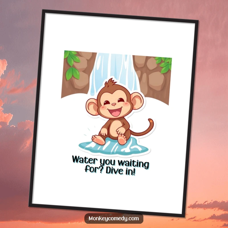 Funny free printable wall art: a monkey with a wide, joyful grin sliding down a vibrant waterfall, pure adventure.