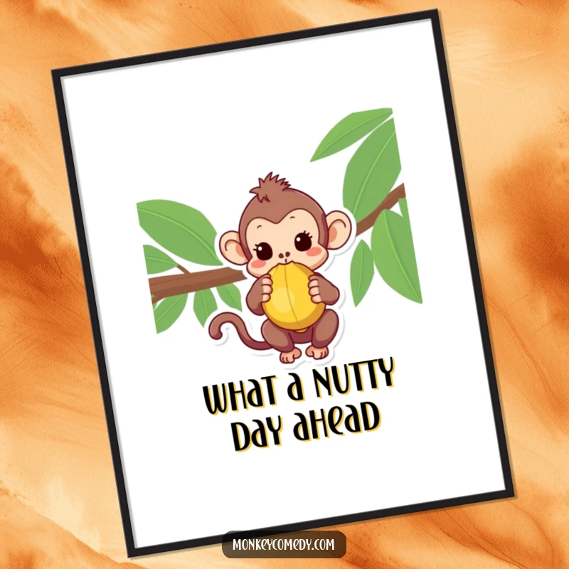 Curious Free Printable Monkey Wall Art: A kawaii monkey holding a coconut, gazing at it with innocent curiosity and wonder.