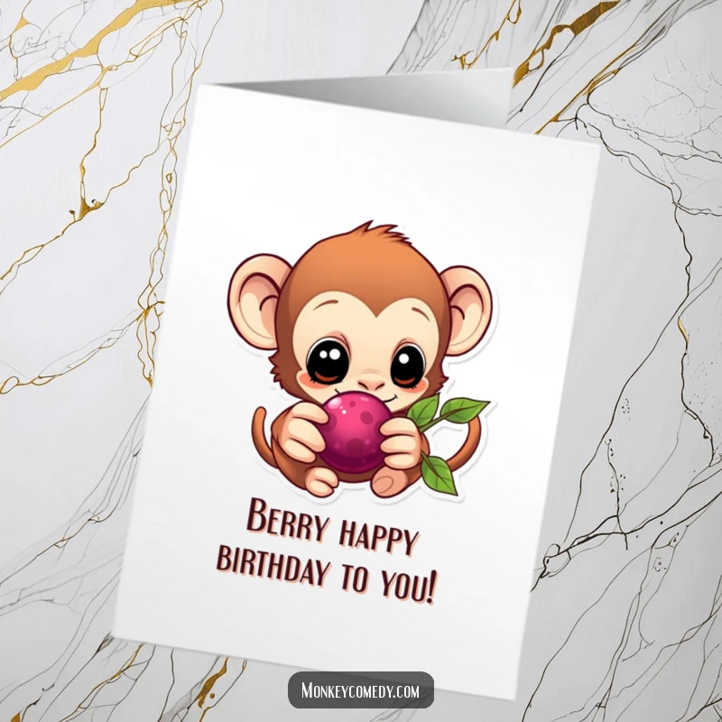 Eager Free Printable Monkey Birthday Card: A kawaii monkey with wide eyes excitedly reaching for a juicy red berry.