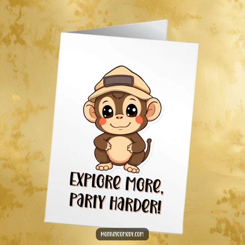 Funny Free Printable Birthday Card: A kawaii monkey wearing a tiny explorer hat, curiously looking around for birthday treasures.