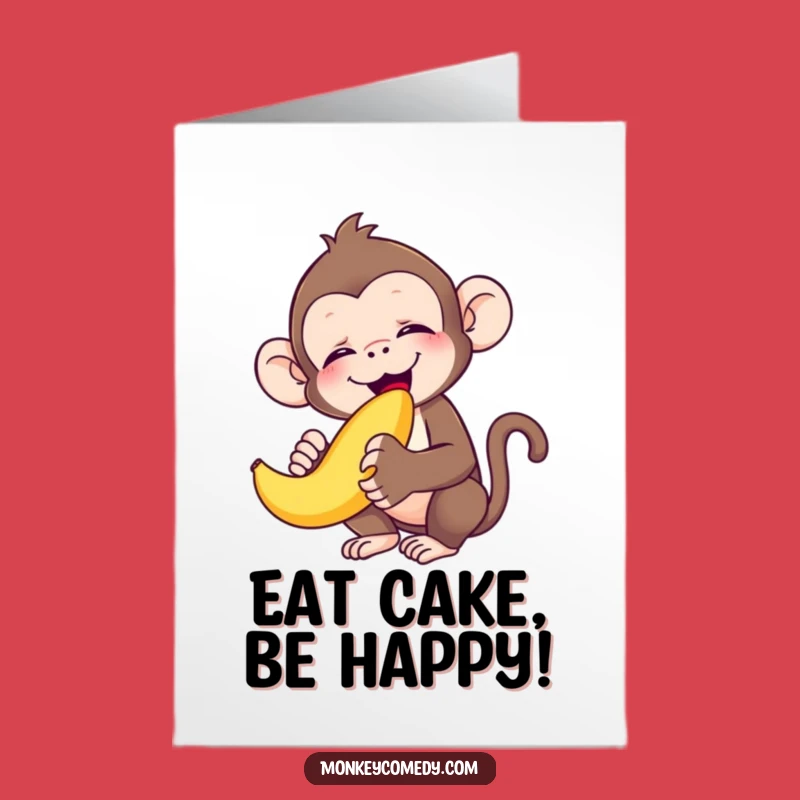 Free Printable Birthday Card: Blissful Monkey Eating Banana - Funny Downloadable Gift!