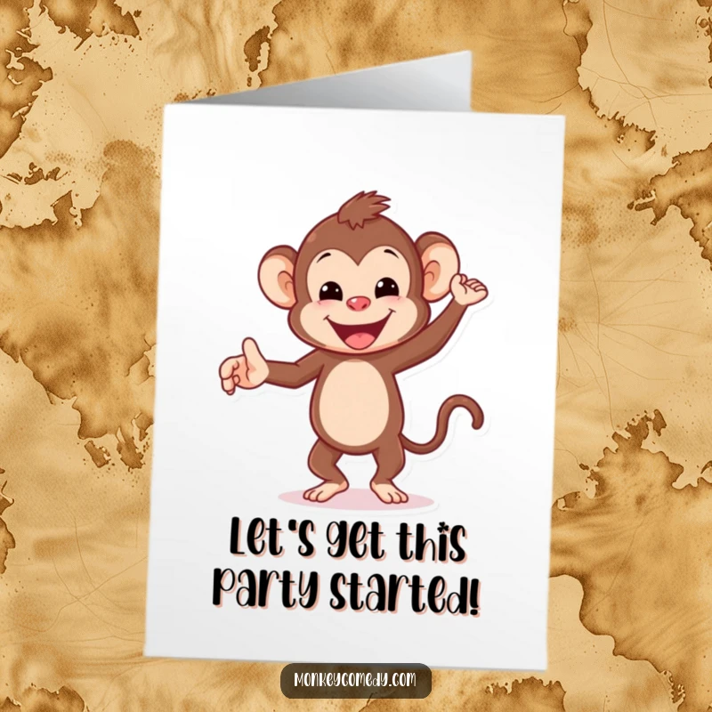 Funny Free Printable Birthday Card: A joyous monkey with a wide smile is captured mid-dance, celebrating happily.
