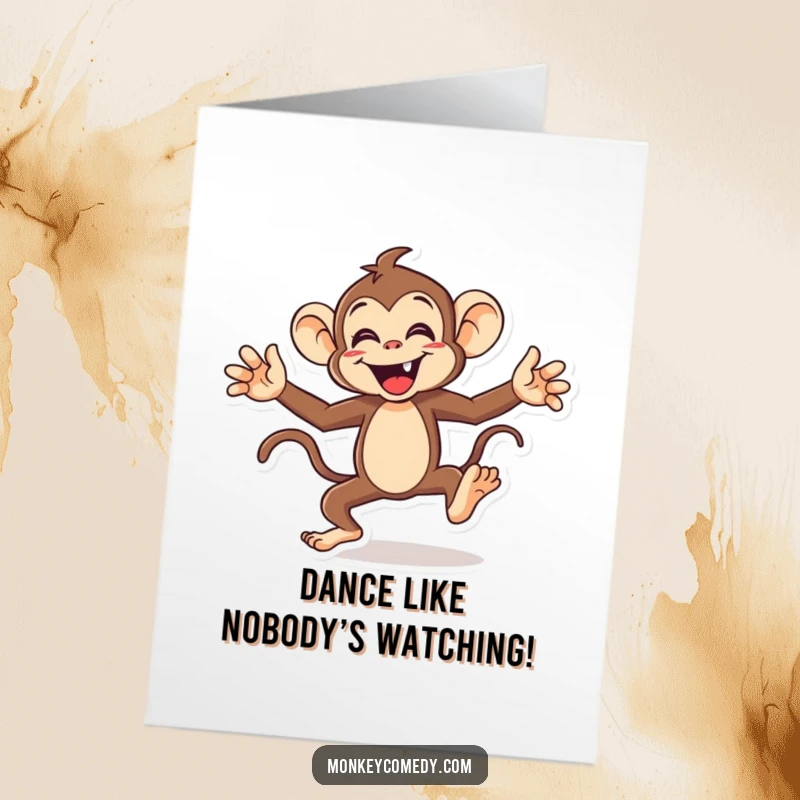 Funny Free Printable Birthday Card: An energetic monkey doing a hilarious dance with arms and legs flailing wildly.