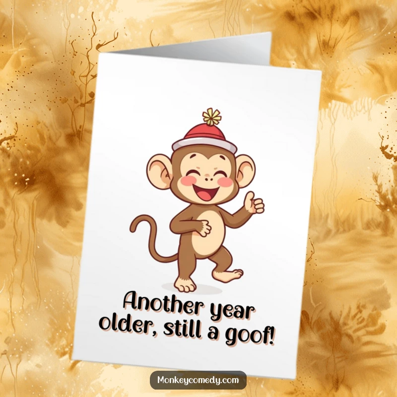 Funny Free Printable Birthday Card: A monkey in a tiny hat joyfully dances, spreading laughter and birthday cheer. Downloadable and fun!