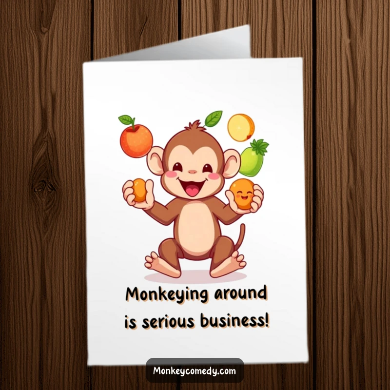 Funny Free Printable Birthday Card: A skilled monkey artistically juggles three brightly colored fruits with its nimble paws.