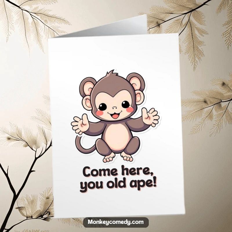 Funny Free Printable Birthday Card: Adorable Kawaii monkey with open arms, joyfully inviting a big hug for a special occasion.