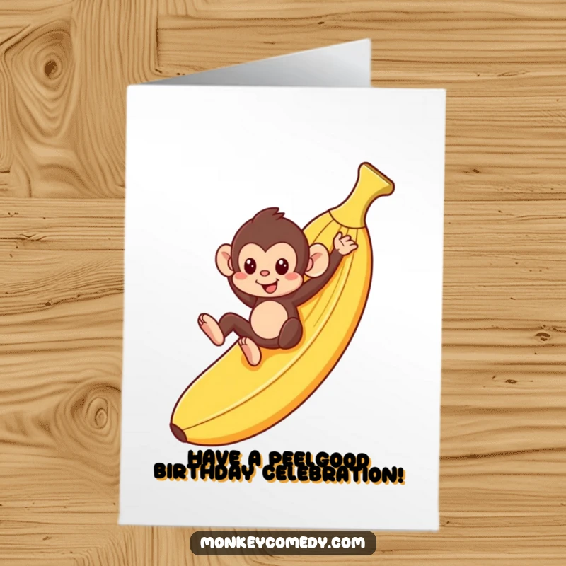 Funny free printable birthday card featuring a monkey joyfully sliding down a giant banana peel, embracing the fun of their special day.