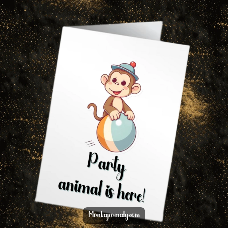 Funny Free Printable Birthday Card: Monkey in a tiny hat joyfully riding a bouncing ball, celebrating with style.