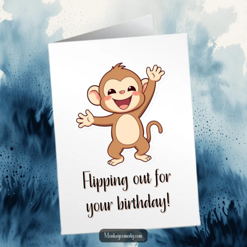Funny Free Printable Birthday Card: An energetic Kawaii monkey performing a cheerful handstand, celebrating with pure joy and silliness.