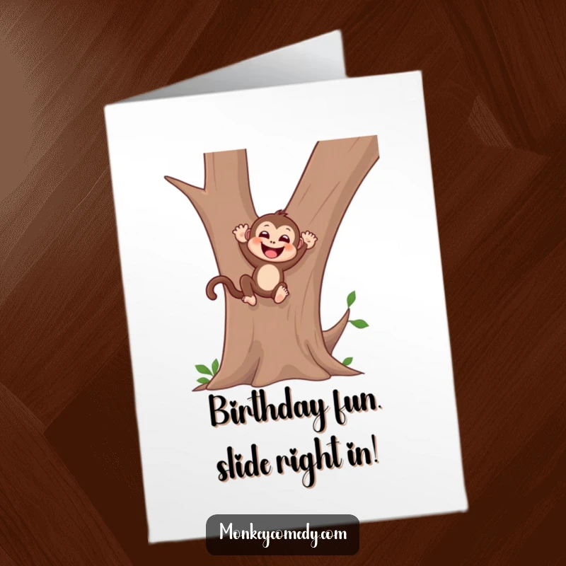 Funny free printable birthday card featuring a gleeful monkey sliding down a tree trunk, full of birthday excitement.