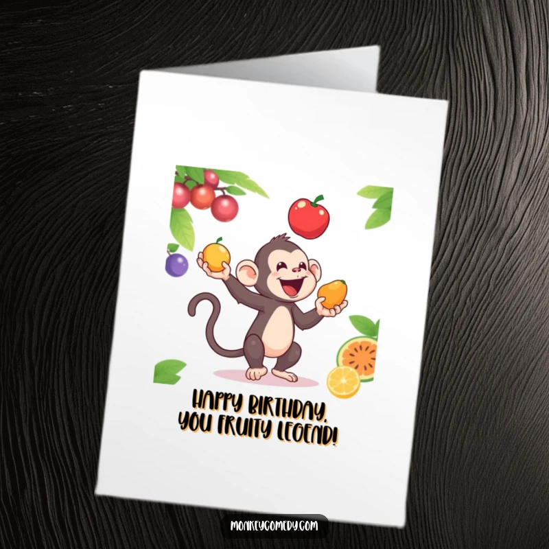 Funny Free Printable Birthday Card: Monkey skillfully juggling three colorful fruits, celebrating a special day. Downloadable, print at home.