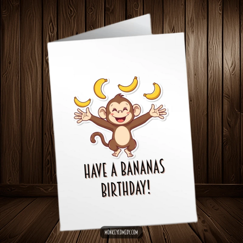 Funny Free Printable Birthday Card: A playful monkey energetically juggling multiple bananas with outstretched arms.
