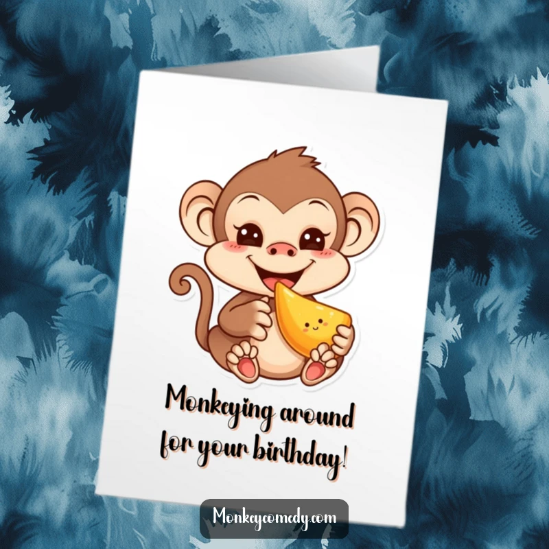 Funny free printable birthday card: A super cute kawaii monkey with a mischievous grin happily munches on a delicious piece of fruit.