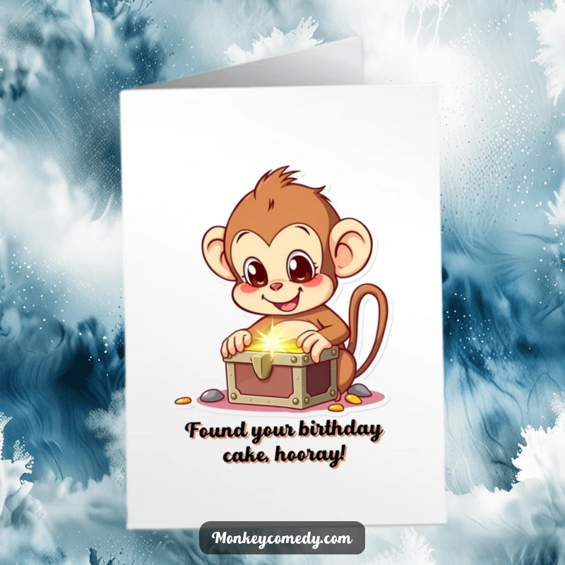 Funny free printable birthday card: excited monkey wide-eyed before a glittering treasure chest, ready for riches.