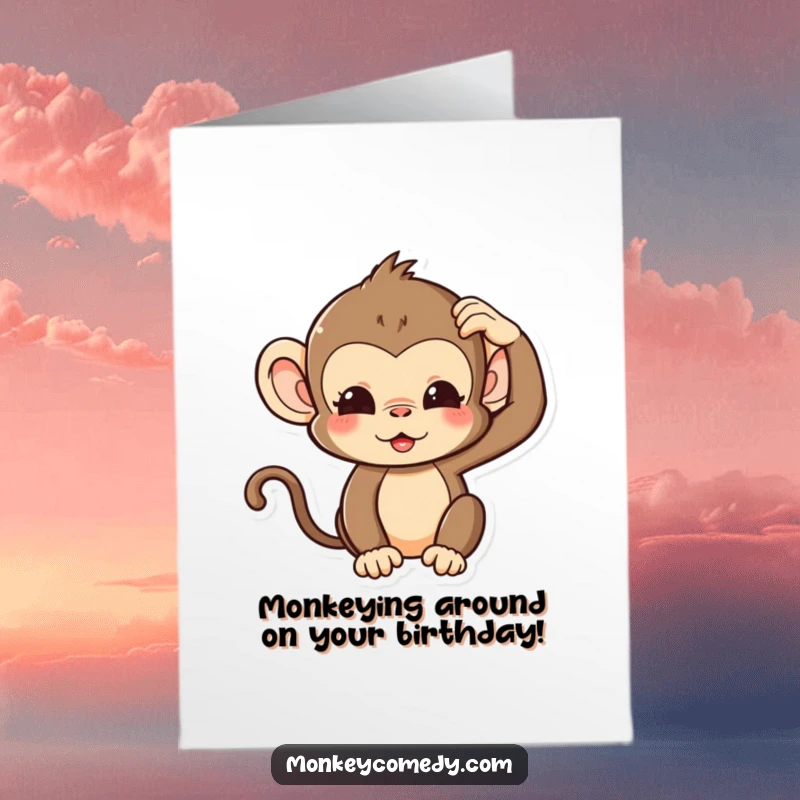 Funny Free Printable Birthday Card with a kawaii monkey wearing a silly expression while scratching its head.