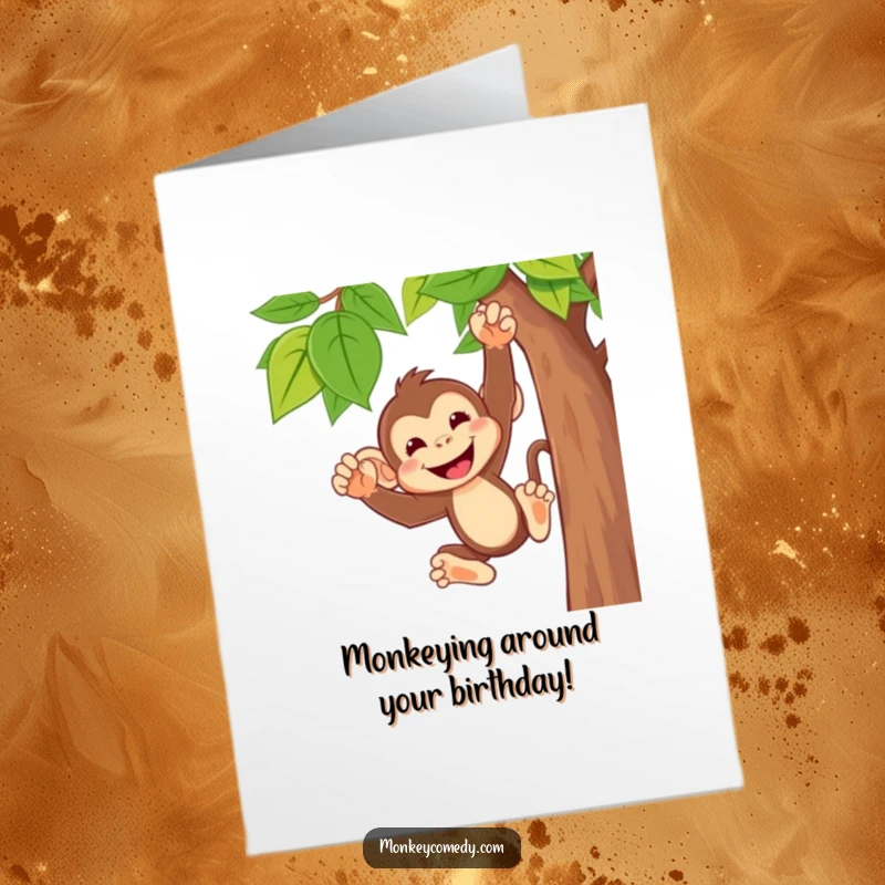 Funny Free Printable Birthday Card: A cute monkey with a wide, cheeky grin, joyfully swinging from a leafy vine.