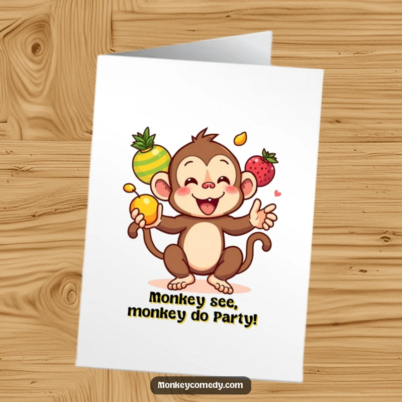 Funny Free Printable Birthday Card: Kawaii monkey with a cheeky grin juggling vibrant fruits, ready for a celebration.