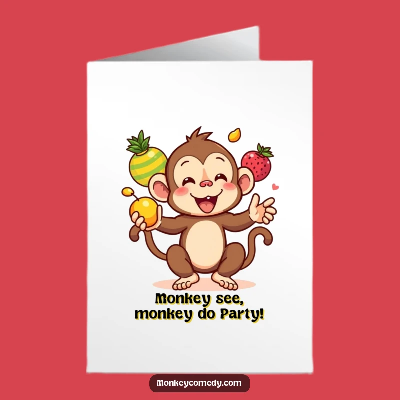 Free Printable Kawaii Monkey Birthday Card: Funny Juggling Fruit Downloadable Surprise!